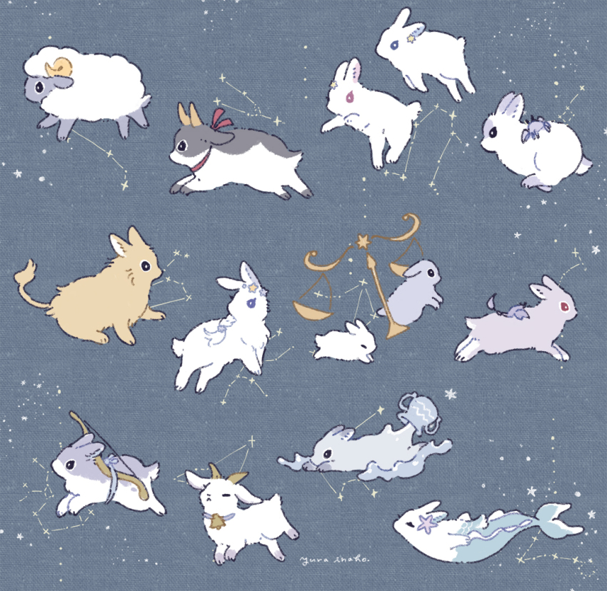 animal_focus animalization aquarius_(constellation) aquarius_(zodiac) aries_(constellation) aries_(zodiac) artist_name balance_scale bell blue_background bow_(weapon) braid cancer_(constellation) cancer_(zodiac) capricorn_(constellation) capricorn_(zodiac) chimera closed_eyes constellation cow crab gemini_(constellation) gemini_(zodiac) goat horns leo_(constellation) leo_(zodiac) libra_(constellation) libra_(zodiac) lion liquid neck_bell no_humans non-human_mermaid original pisces_(constellation) pisces_(zodiac) rabbit sagittarius_(constellation) sagittarius_(zodiac) scorpio_(zodiac) scorpion scorpius_(constellation) sheep star_(sky) star_(symbol) starry_sky_background taurus_(constellation) taurus_(zodiac) vase virgo_(constellation) virgo_(zodiac) weapon weighing_scale white_rabbit_(animal) yurano_(upao) zodiac