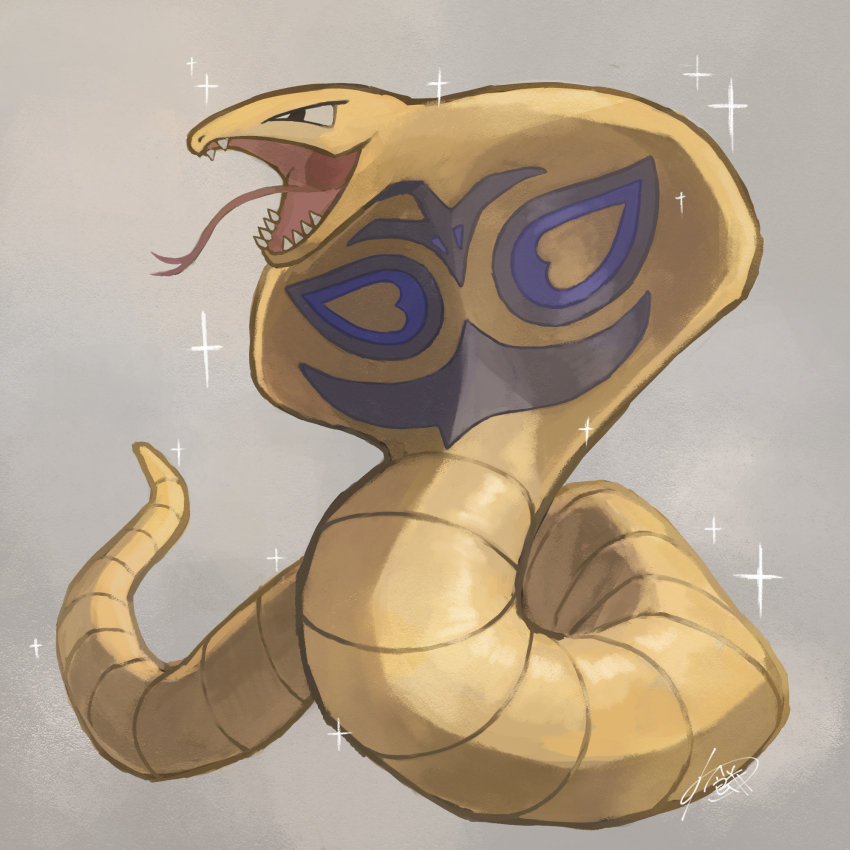 alternate_color arbok black_eyes bright_pupils commentary_request gen_1_pokemon grey_background highres nintendo no_humans open_mouth pokemon pokemon_(creature) shiny_pokemon signature simple_background snake sparkle tongue tongue_out warabimoti168 white_pupils