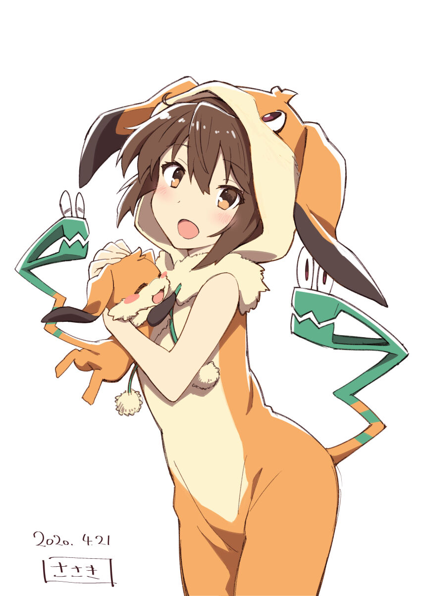 1girl :d absurdres animal_costume animal_ears blush brown_eyes brown_hair contrapposto cowboy_shot dated etou_kanami fake_tail hair_between_eyes highres hood hood_up looking_at_viewer nene_(toji_no_miko) open_mouth sasaki_mitsuru short_hair simple_background smile solo standing tail toji_no_miko white_background
