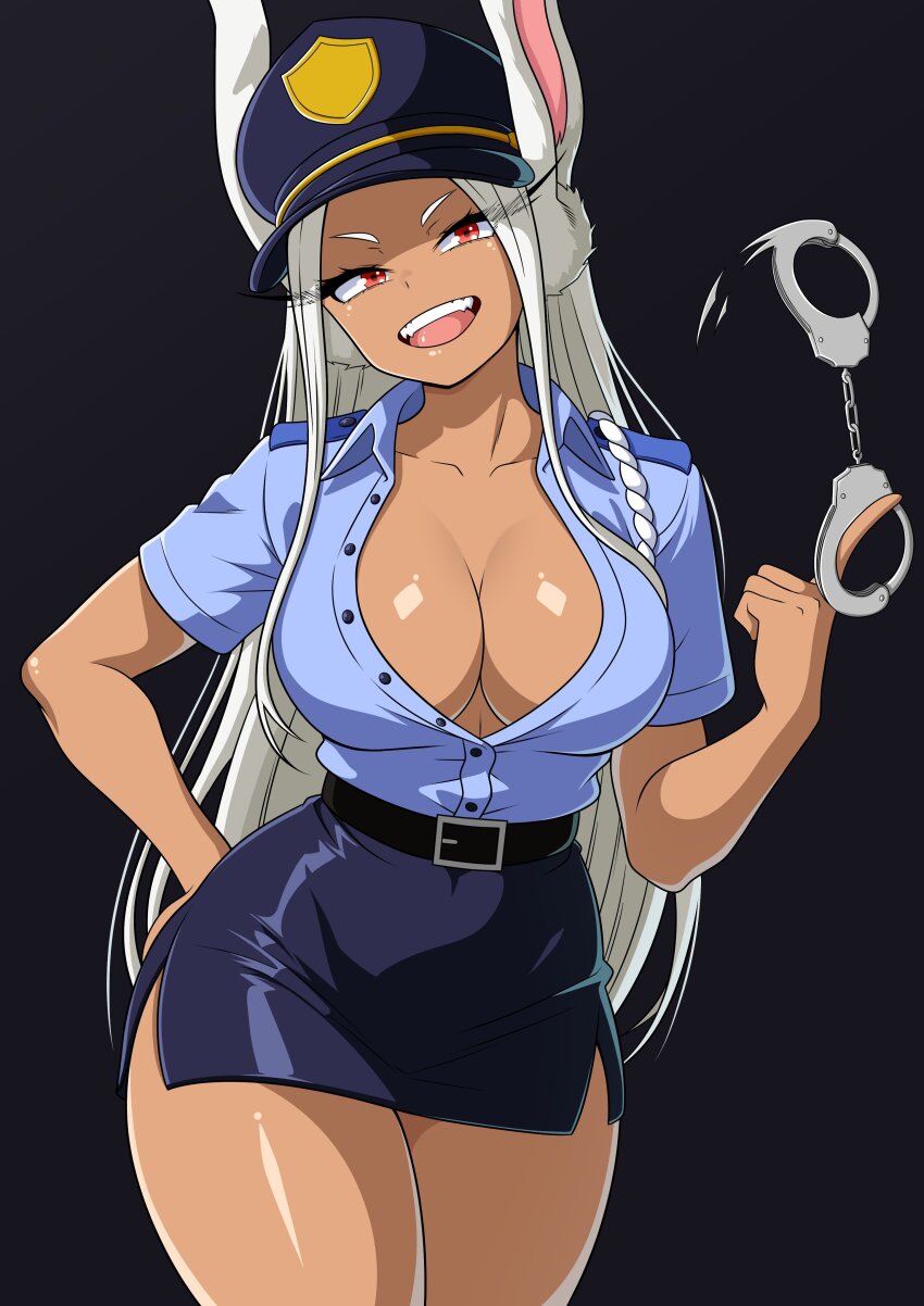 1girl :d absurdres alternate_costume animal_ears belt black_background black_belt black_skirt blue_shirt boku_no_hero_academia breasts cleavage collarbone collared_shirt commentary cuffs dark-skinned_female dark_skin english_commentary female_focus hand_on_own_hip handcuffs hat highres holding holding_handcuffs large_breasts long_eyelashes long_hair looking_at_viewer mirko motion_lines no_bra open_mouth parted_bangs partially_unbuttoned pencil_skirt police police_hat police_uniform policewoman rabbit_ears rabbit_girl red_eyes shirt shirt_tucked_in side_slit simple_background skirt smile solo spinning teeth theoiledone thick_thighs thighs toned toned_female upper_teeth_only very_long_hair white_hair
