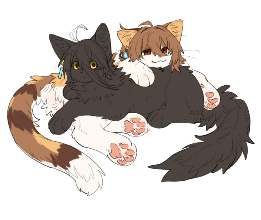 2girls aaasakawa agnes_tachyon_(umamusume) ahoge animalization black_cat black_fur brown_fur calico_cat cat ear_tag earrings hair_between_eyes hair_ribbon highres jewelry long_bangs long_hair_between_eyes lying_on_another manhattan_cafe_(umamusume) multiple_girls red_eyes ribbon simple_background single_earring umamusume white_background white_fur yellow_eyes