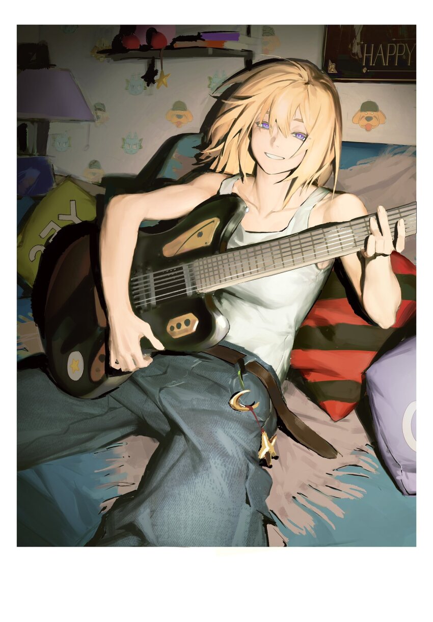 1girl 7-string_guitar animal_print bang_dream! bang_dream!_it&#039;s_mygo!!!!! belt blonde_hair blue_pants brown_belt cat_print collarbone cowboy_shot crescent cushion dog_print english_text fake_photograph grin guitar hair_between_eyes hand_up highres holding holding_guitar holding_instrument indoors instrument lamp looking_at_viewer mianneiku15863 misumi_uika pants polaroid_photo poster_(object) purple_eyes reclining shadow shelf smile solo star_(symbol) striped_pillow stuffed_toy tank_top wallpaper_(object) white_tank_top
