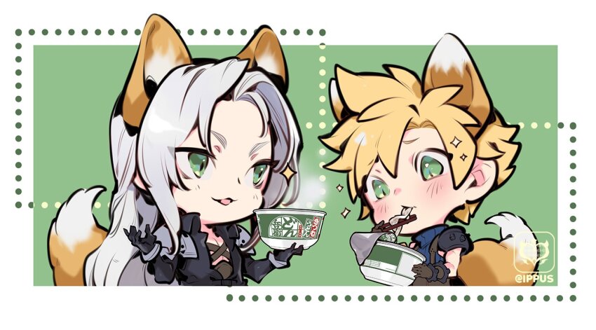 2boys animal_ears armor bangle black_coat black_gloves blonde_hair blue_shirt blush border bracelet brown_gloves chest_strap chibi chopsticks cloud_strife coat eating final_fantasy final_fantasy_vii final_fantasy_vii_rebirth final_fantasy_vii_remake food fox_boy fox_ears fox_tail gloves green_background green_eyes grey_hair hair_between_eyes holding holding_chopsticks instant_udon ippus jewelry long_hair male_focus multiple_boys nissin_donbei noodles parted_bangs parted_lips sephiroth shirt short_hair shoulder_armor single_shoulder_pad sleeveless sleeveless_turtleneck smile sparkle spiked_hair suspenders tail turtleneck twitter_username udon upper_body white_border