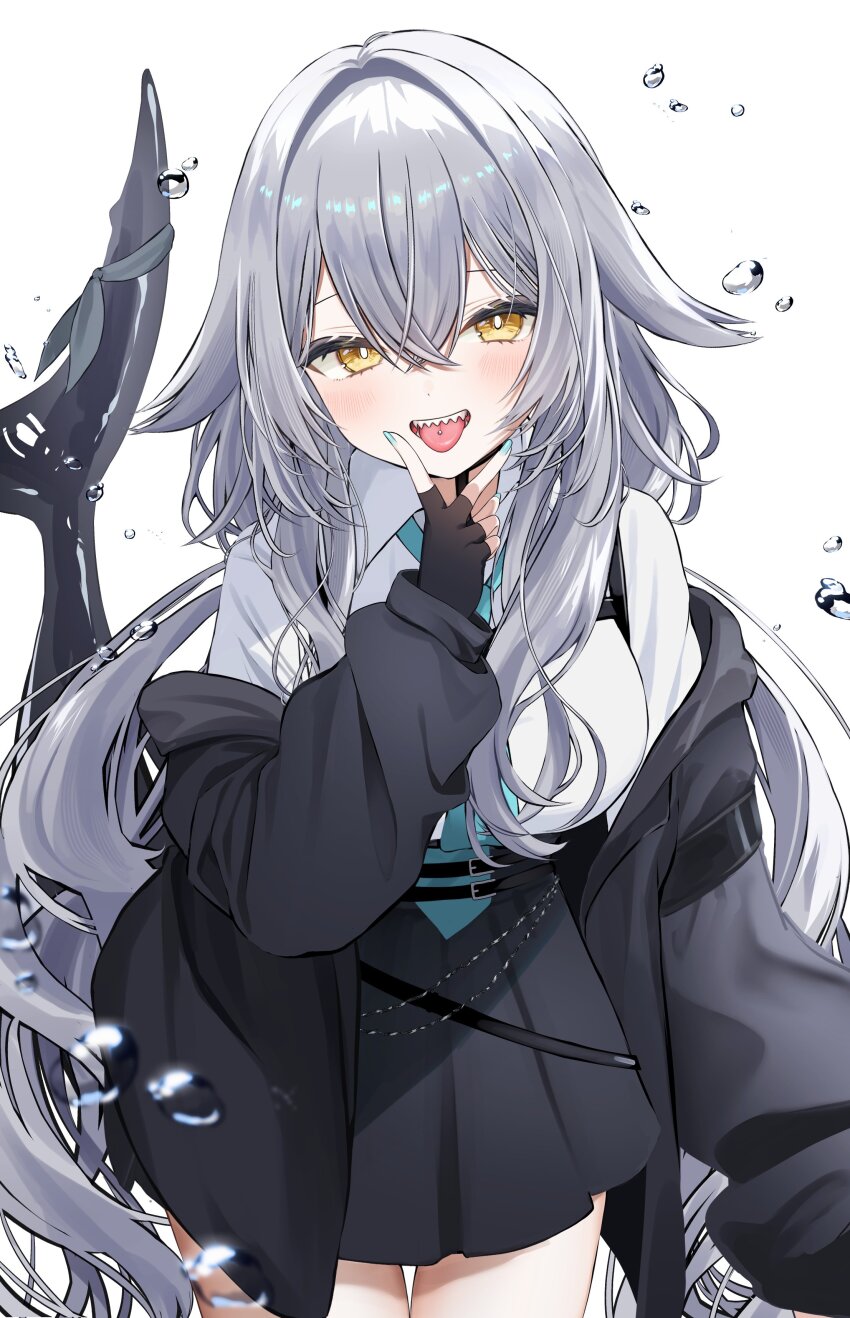 1girl absurdres aqua_nails black_gloves black_jacket black_skirt blue_nails blue_necktie blush breasts cetacean_tail collared_shirt cowboy_shot fingerless_gloves fins fish_tail gloves gomamiso_(gomagoma_bba) grey_hair hair_between_eyes hair_flaps highres jacket large_breasts long_hair long_sleeves looking_at_viewer necktie off_shoulder open_clothes open_jacket open_mouth pleated_skirt rurune_(vrchat) shark_girl shark_tail sharp_teeth shirt sidelocks simple_background skirt smile solo tail teeth tongue tongue_out upper_teeth_only v v_over_mouth very_long_hair vrchat white_background white_shirt yellow_eyes
