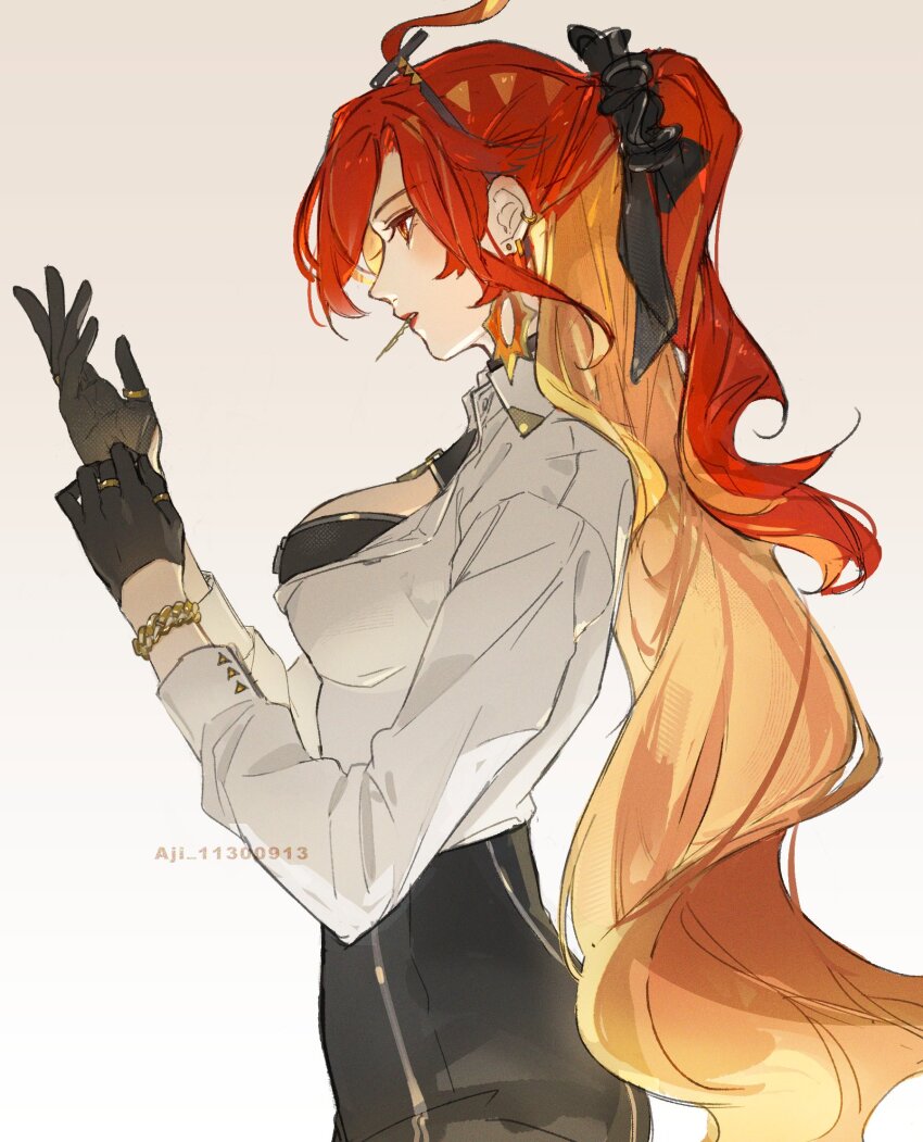 1girl adjusting_clothes adjusting_gloves aji_11300913 alternate_costume alternate_hairstyle black_bodysuit black_gloves bodysuit bodysuit_under_clothes braid braided_hair_rings breasts earrings genshin_impact gloves hair_rings highres holding_hands lipstick long_sleeves looking_to_the_side makeup mavuika_(genshin_impact) mouth_hold multicolored_hair parted_lips ponytail red_eyes red_hair shirt simple_background solo standing sun_earrings twitter_username white_background white_shirt