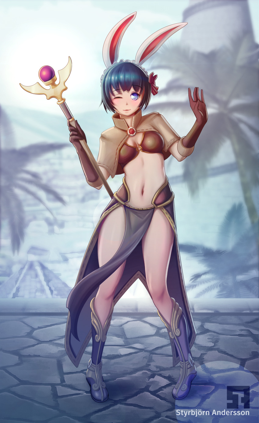 1girl absurdres animal_ears bikini bikini_top_only black_hair blue_eyes blush boots bow breasts brown_bikini brown_boots brown_capelet brown_gloves brown_skirt capelet closed_mouth cobblestone commentary english_commentary fake_animal_ears full_body gloves hair_bow highres holding holding_staff looking_at_viewer mage_(ragnarok_online) medium_breasts midriff navel palm_tree pelvic_curtain pigeon-toed rabbit_ears ragnarok_online red_bow short_hair showgirl_skirt skirt smile solo staff styrbjornandersson swimsuit tree