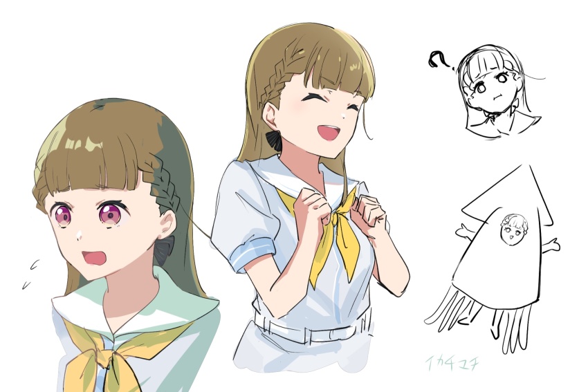 1girl ;i ? ^_^ blunt_bangs braid brown_hair center-flap_bangs clenched_hands closed_eyes cropped_torso dress flying_sweatdrops hasu_no_sora_school_uniform highres kachimachi_kosuzu link!_like!_love_live! long_hair love_live! multiple_views muneta_(ntani_2) neckerchief open_mouth pink_eyes pun sailor_collar sailor_dress school_uniform short_sleeves side_ahoge side_braids smile squid_costume straight_hair summer_uniform teeth translation_request upper_teeth_only virtual_youtuber white_dress white_sailor_collar yellow_neckerchief