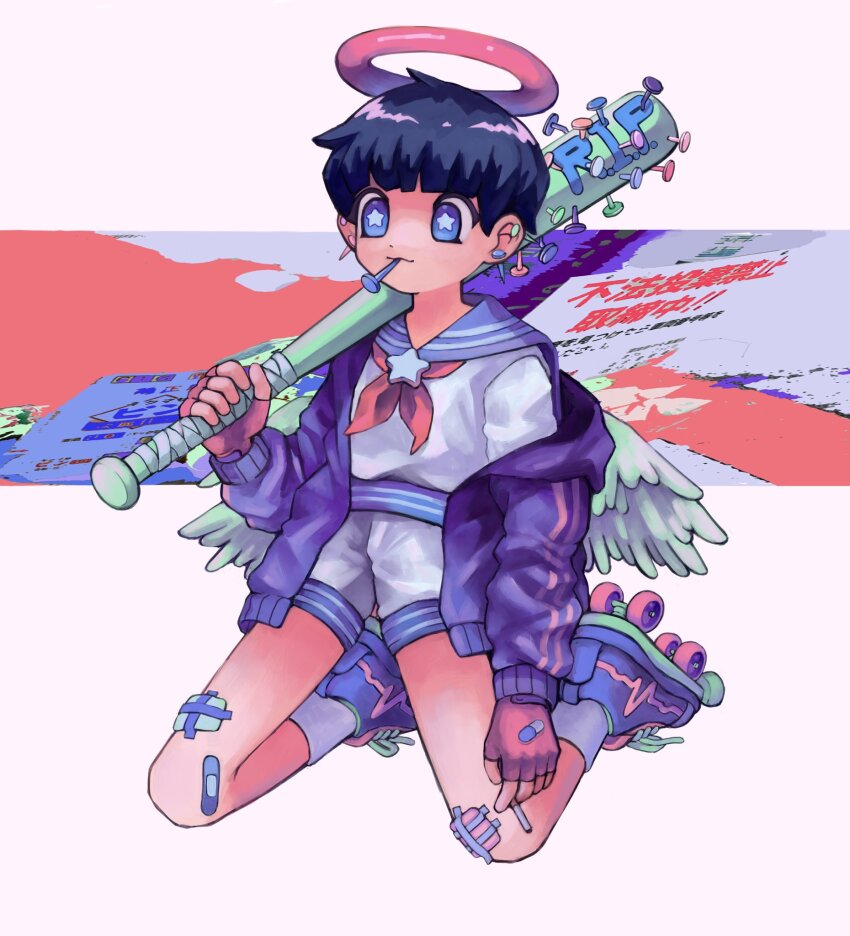 1girl :3 angel angel_wings ankle_socks bandaid bandaid_on_hand bandaid_on_knee bandaid_on_leg bandaid_on_thigh baseball_bat black_hair blue_eyes blue_pupils blue_sailor_collar blunt_bangs brooch cigarette closed_mouth dot_nose feathered_wings fingerless_gloves full_body gloves gradient_eyes haka-baka halo highres holding holding_baseball_bat holding_cigarette jacket jewelry kneeling light_smile long_sleeves looking_ahead mini_wings mouth_hold multicolored_eyes nail_(hardware) nail_bat neckerchief object_in_mouth open_clothes open_jacket original over_shoulder pink_halo purple_eyes purple_footwear purple_jacket red_neckerchief roller_skates sailor_collar sailor_shirt shirt short_hair shorts sign skates socks solo star-shaped_pupils star_(symbol) star_brooch symbol-shaped_pupils traditional_halo weapon weapon_over_shoulder white_background white_shirt white_shorts white_socks white_wings wings