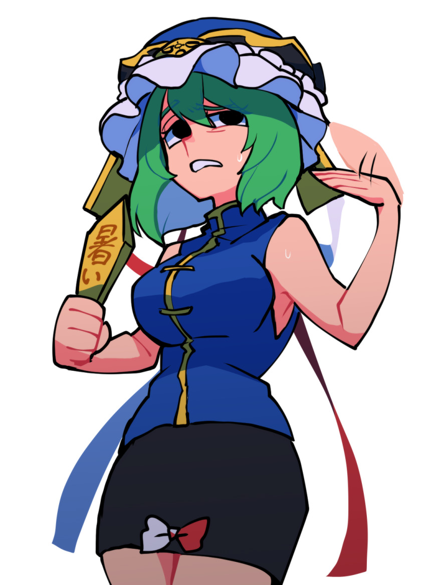 1girl asymmetrical_hair black_eyes black_hat blue_hat blue_ribbon blue_vest bow bow_skirt breasts collared_vest fanning fanning_face fanning_self frilled_hat frills green_hair hair_between_eyes hat highres hot iganashi1 looking_to_the_side medium_breasts miniskirt multicolored_bow no_pupils nose open_mouth raised_eyebrow red_ribbon ribbon rod_of_remorse shiki_eiki short_hair simple_background skirt sleeveless solo stress sweat sweatdrop teeth touhou uncomfortable vest white_background