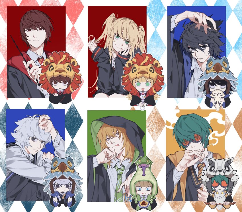 1girl 5boys absurdres amane_misa animal animal_hood bird bird_hood blonde_hair blue_background blue_eyes chibi cigarette closed_mouth collared_shirt crossed_arms death_note goggles green_necktie gryffindor hair_between_eyes half_updo hand_on_own_head harry_potter_(series) highres holding holding_animal holding_bird holding_cigarette holding_wand hood hood_up hufflepuff l_(death_note) lion_hood long_hair matt_(death_note) medium_hair mello_(death_note) multiple_boys near_(death_note) necktie owl ravenclaw red_background red_necktie saaak57587044 school_uniform shirt short_hair short_twintails slytherin smile smoke snake_hood striped_necktie tongue tongue_out twintails upper_body wand white_shirt wizarding_world yagami_light yellow_background yellow_necktie