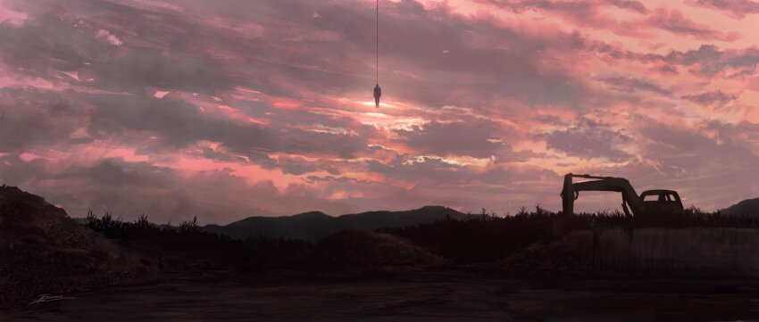 1other absurdres bulldozer cloud cloudy_sky commentary fracoco hanged highres hill original other_focus red_sky scenery signature sky solo sun surreal