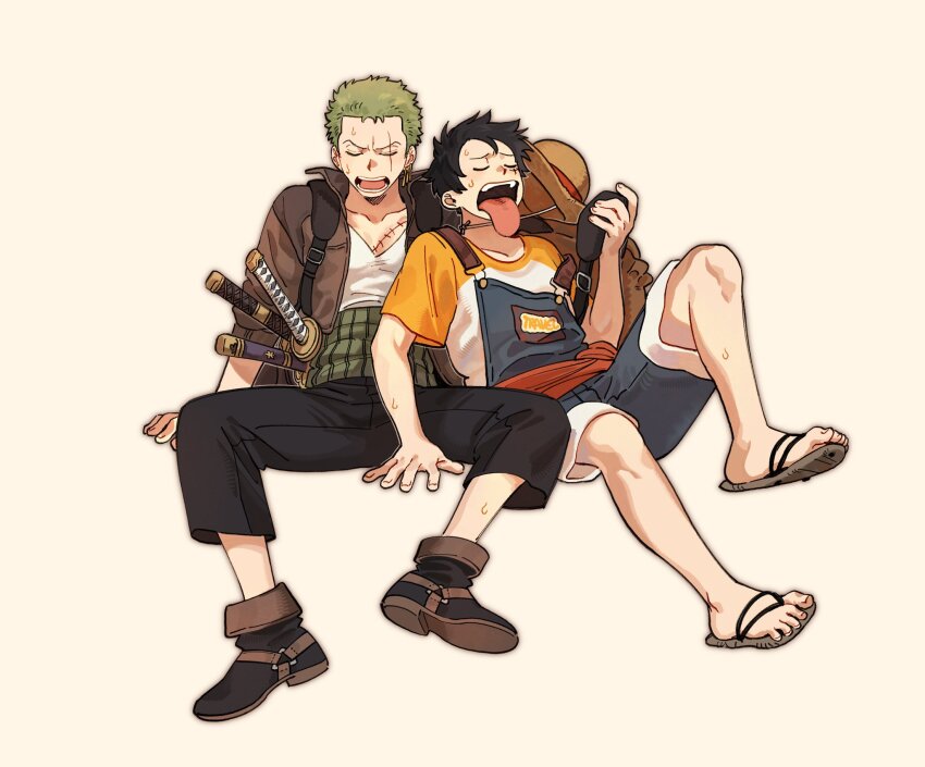 2boys arm_support black_pants blue_overalls blue_shorts boots brown_jacket closed_eyes commentary full_body haramaki hat highres holding jacket katana male_focus monkey_d._luffy multiple_boys one_piece open_clothes open_jacket open_mouth overall_shorts overalls pants roronoa_zoro sandals scar scar_across_eye scar_on_chest scar_on_face sheath sheathed shirt shorts simple_background sitting straw_hat sweat sword symbol-only_commentary toku0034 tongue tongue_out unworn_hat unworn_headwear weapon white_shirt