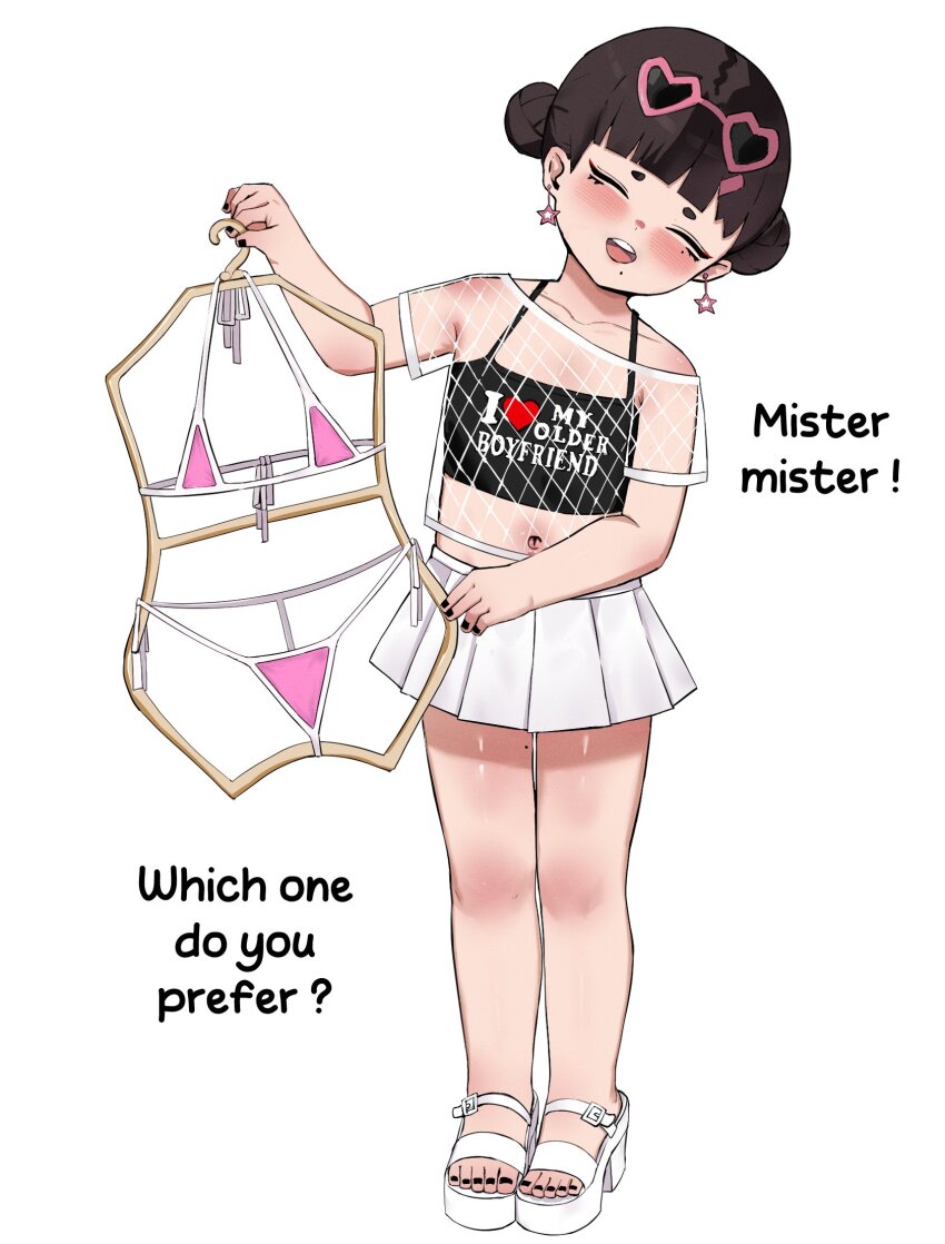 1girl bikini black_hair double_bun eyewear_on_head hair_bun highres kitavana micro_bikini mole mole_on_thigh mole_under_mouth navel original short_hair simple_background sunglasses swimsuit swimsuit_hanger white_background