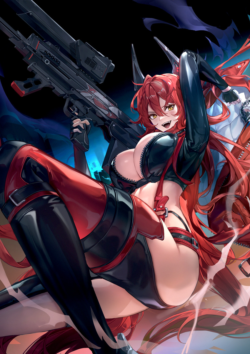 1girl :d absurdres anti-materiel_rifle arm_up belt black_belt black_gloves black_horns black_jacket black_pants breasts bullpup cleavage commentary cropped_jacket eru_(eru_illust) fingerless_gloves gloves goddess_of_victory:_nikke gun hair_between_eyes highres hip_vent holding holding_unworn_clothes holding_gun holding_jacket holding_unworn_clothes holding_weapon horns jacket large_breasts leather leather_jacket leather_pants long_hair long_sleeves looking_at_viewer mechanical_horns open_mouth pants red_hair red_hood_(nikke) red_jacket red_scarf rifle scarf sidelocks smile sniper_rifle solo stomach suspenders teeth thighs unworn_jacket unzipped upper_teeth_only very_long_hair weapon yellow_eyes