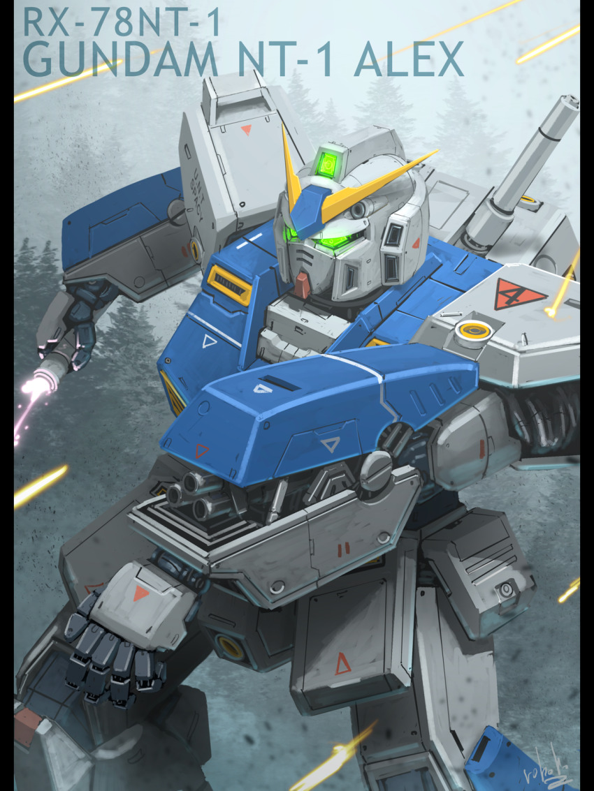 aiming battle energy_sword bottoms1237 commentary_request fake_screenshot forest glowing glowing_eyes green_eyes gun gundam gundam_0080 gundam_alex highres machine_gun machinery mecha mecha_focus mobile_suit nature no_humans pine_tree projectile_trail robot tree v-fin weapon