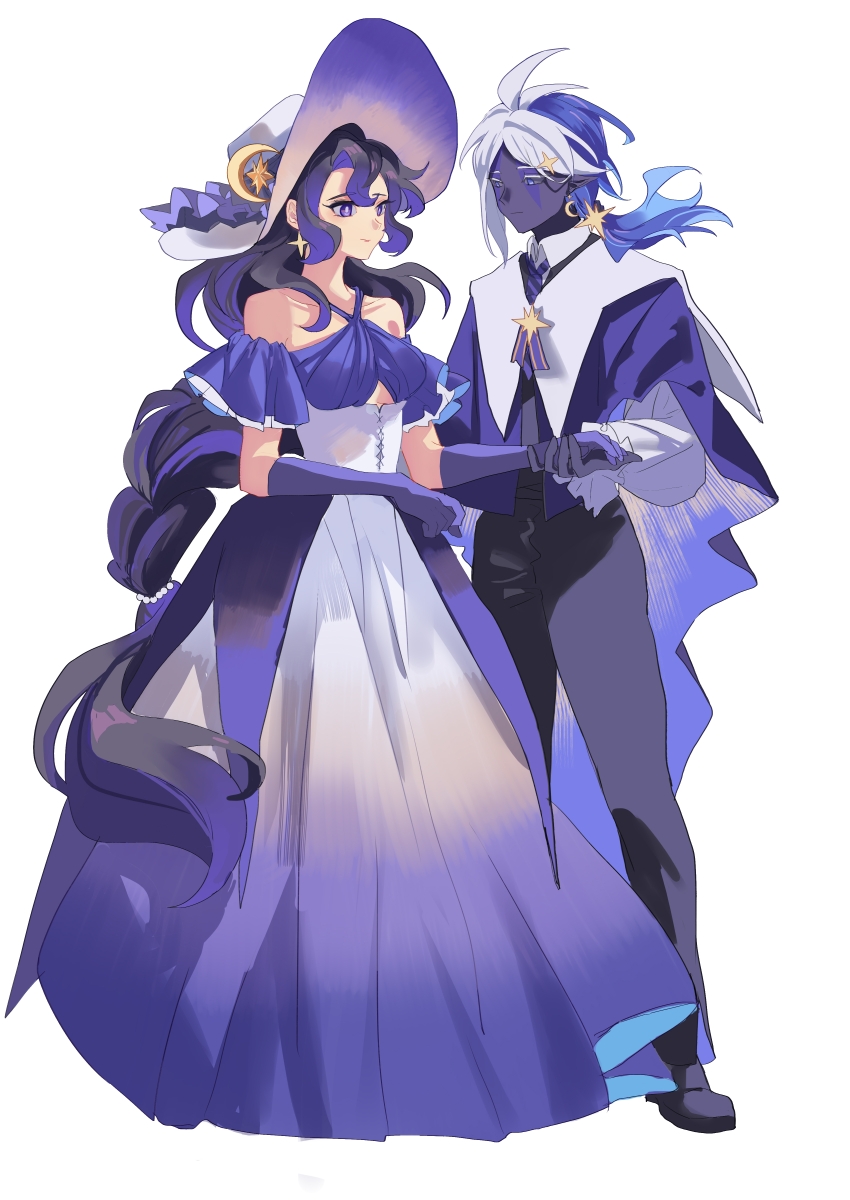 1boy 1girl absurdres alternate_costume alternate_hairstyle blue_dress blue_eyes blue_fire blue_gloves blue_hair blue_skin capelet colored_skin cookie_run cookie_run:_kingdom dress earrings elbow_gloves fire full_body geruideyundongxie gloves gradient_clothes gradient_dress hat highres humanization jewelry long_hair low-braided_long_hair low-tied_long_hair low_ponytail moonlight_cookie multicolored_hair personification ponytail purple_hair space star_(symbol) stardust_cookie two-tone_hair white_capelet white_hair