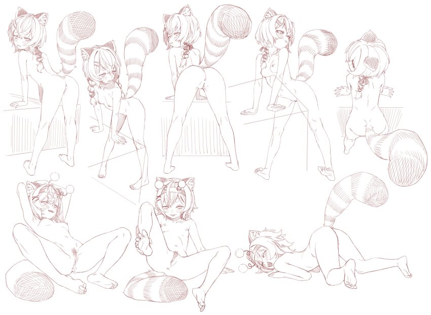 1girl agemmata animal_ear_fluff antennae anus ass bamboo_hair_ornament bent_over blush braid breasts completely_nude fake_antennae female_pubic_hair from_behind full_body headband highres kneepits komachi_panko komachi_panko_(beeko) loli looking_at_viewer looking_back low_twin_braids m_legs monochrome multiple_views naughty_face nipples nude phase_connect presenting pubic_hair pussy pussy_juice red_panda_ears red_panda_girl red_panda_tail short_eyebrows short_hair sketch small_breasts sparse_pubic_hair spread_legs thick_eyebrows twin_braids uncensored virtual_youtuber white_background