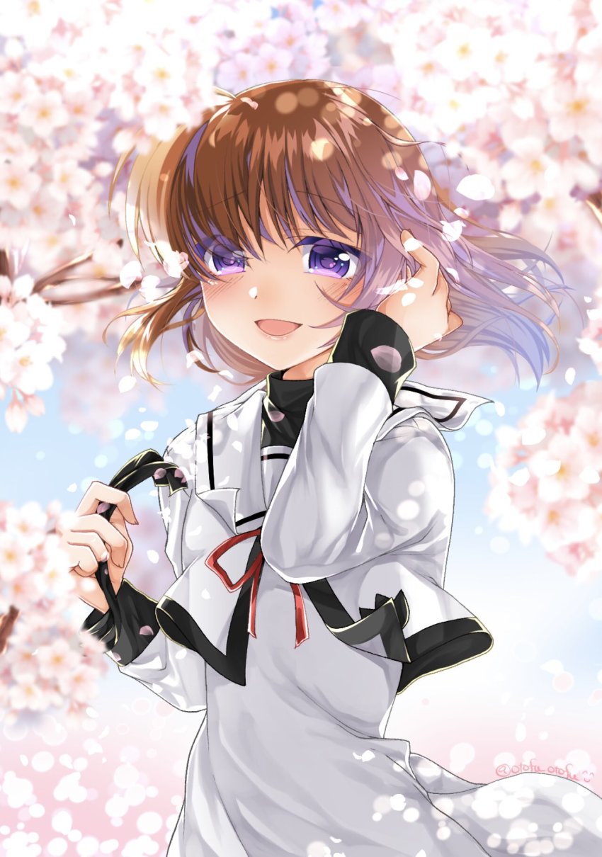 1girl ameyado_chika artist_name blurry blurry_background brown_hair cherry_blossoms commentary_request dappled_sunlight day depth_of_field dress hair_down hair_ribbon hand_in_own_hair highres holding holding_ribbon long_sleeves looking_at_viewer lyrical_nanoha mahou_shoujo_lyrical_nanoha medium_dress medium_hair neck_ribbon open_mouth purple_eyes ribbon unworn_ribbon sailor_dress school_uniform seishou_elementary_school_uniform signature smile solo standing sunlight takamachi_nanoha twitter_username upper_body white_ribbon wind