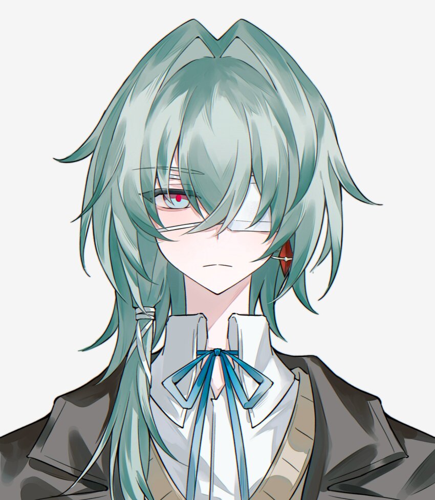 1boy alternate_costume anaxa_(honkai:_star_rail) blue_eyes closed_mouth earrings eyepatch grey_jacket highres honkai:_star_rail honkai_(series) jacket jewelry looking_at_viewer male_focus medical_eyepatch medium_hair one_eye_covered pink_pupils shirt side_ponytail simple_background single_earring solo thorn72132528 vest white_background white_shirt yellow_vest