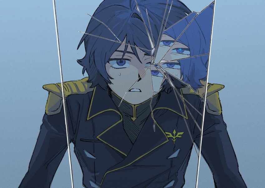 1boy absurdres alternate_universe black_coat black_shirt blue_background blue_eyes blue_hair broken_glass broken_mirror char&#039;s_counterattack coat empty_eyes film_grain gigantea_pp glass gundam high_collar highres kamille_bidan lapels long_sleeves looking_at_mirror looking_at_viewer male_focus military_uniform mirror notched_lapels parted_lips shirt short_hair shoulder_boards simple_background single_hair_intake solo upper_body