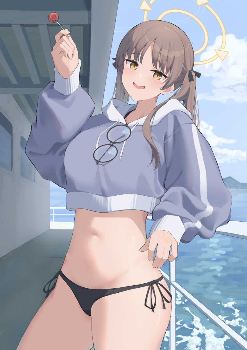 1girl absurdres bikini bikini_bottom_only black-framed_eyewear black_bikini black_ribbon blue_archive blush boat brown_eyes brown_hair candy commentary_request cowboy_shot cropped_hoodie day eyewear_hang food glasses hair_ribbon halo hand_up highres holding holding_candy holding_food holding_lollipop hood hood_down hoodie hotarihotaru lollipop long_hair looking_at_viewer moe_(blue_archive) moe_(swimsuit)_(blue_archive) navel ocean official_alternate_costume open_mouth orange_halo outdoors ribbon round_eyewear side-tie_bikini_bottom smile solo swimsuit tsurime twintails unworn_eyewear watercraft