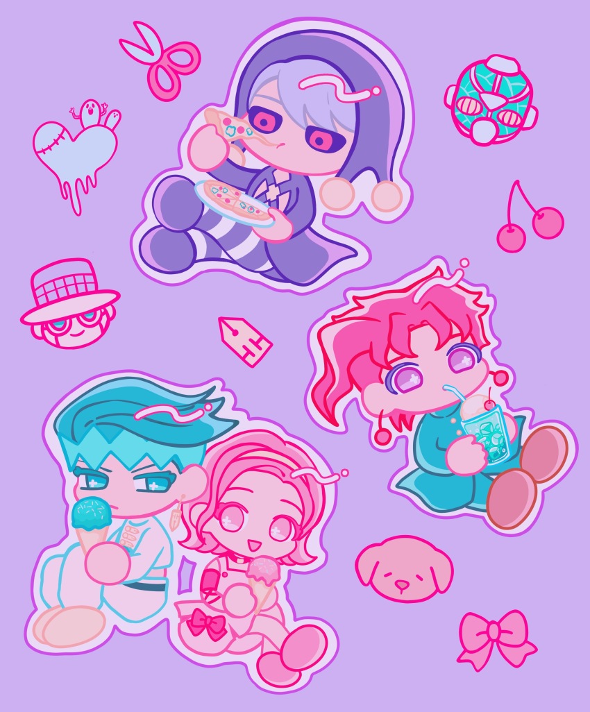 1girl 3boys :d absurdres arnold_(jojo) belt black_headwear black_hood black_jacket black_pants black_sclera bow cheese cheese_trail cherry cherry_earrings chibi choker colored_eyelashes colored_sclera cream_soda cropped_jacket crossed_legs cup diamond_wa_kudakenai dog dress dress_bow drink drinking drinking_glass drinking_straw earrings food food-themed_earrings food_themed_earrings frown fruit full_body gakuran green_belt green_eyes green_gakuran green_hair green_headband green_jacket green_pants grey_hair hairband headband heart heaven&#039;s_door hierophant_green highres holding holding_cup holding_food holding_pizza holding_plate ice ice_cream ice_cream_float ice_cube jacket jewelry jojo_no_kimyou_na_bouken kakyoin_noriaki kishibe_rohan long_sleeves looking_at_another melon_soda metallica_(stand) multicolored_pants multiple_boys open_mouth outline pants parted_bangs pen_nib pink_arm_warmers pink_bow pink_choker pink_dress pink_eyes pink_hair pink_shoes pizza pizza_slice plate purple_background purple_eyes purple_outline red_eyes red_hair remiii_888 risotto_nero school_uniform scissors shoes short_hair sideways_glance simple_background sitting smile soda stand_(jojo) stardust_crusaders striped_clothes striped_pants sugimoto_reimi vento_aureo white_jacket white_outline white_pants yellow_hairband yellow_shoes