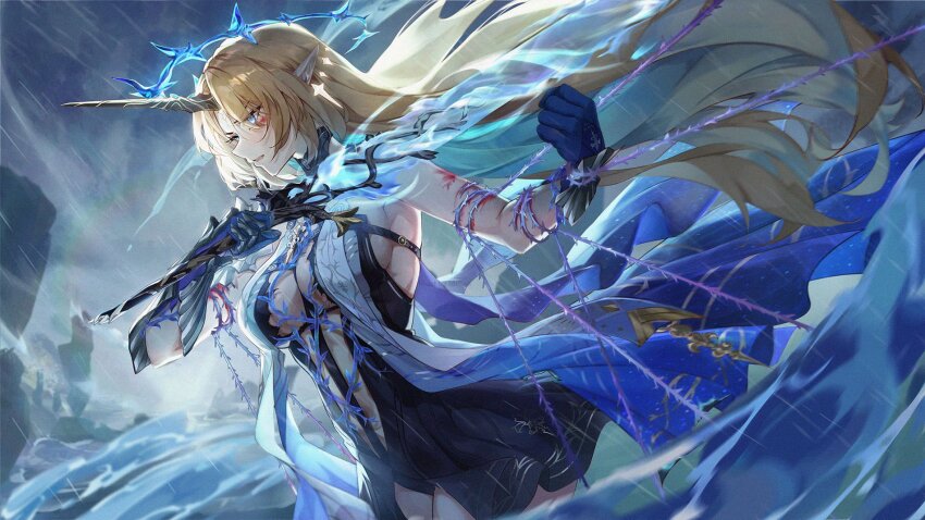 1girl armored_gloves bare_shoulders black_collar black_dress blue_eyes breasts collar commentary crown_of_thorns dress earrings english_commentary fleurdelys_(wuthering_waves) floating_earrings gloves highres holding holding_sword holding_weapon horns jewelry large_breasts long_horns looking_ahead mihan_(mihan_art) parted_lips pointy_ears rain revision sideboob single_glove single_horn solo storm sword tacet_mark_(wuthering_waves) wading weapon wuthering_waves yellow_horns