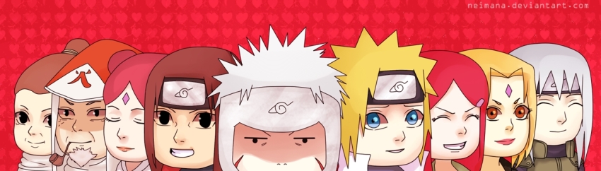 4girls 5boys blonde_hair blue_eyes brothers brown_hair chibi closed_eyes couple double_bun facial_mark forehead_protector grin hair_bun hat hokage husband_and_wife katou_dan multiple_boys multiple_girls namikaze_minato naruto_(series) naruto_shippuuden neimana red_hair sarutobi_biwako sarutobi_hiruzen senju_hashirama senju_tobirama siblings silver_hair smile teeth tsunade_(naruto) upper_body uzumaki_kushina uzumaki_mito