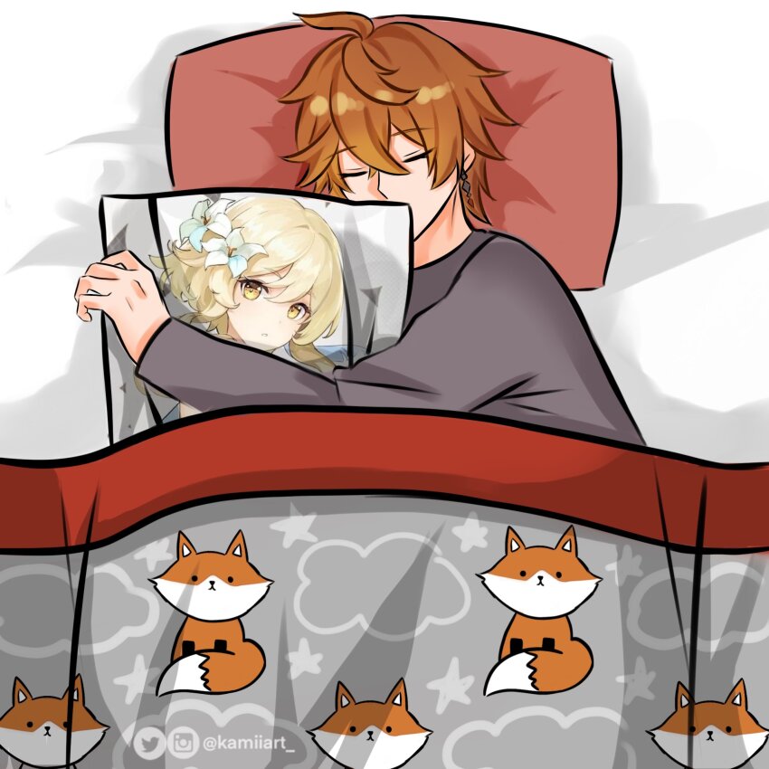 1boy artist_name bed blanket closed_eyes dakimakura_(object) ear_piercing earrings fox genshin_impact grey_pajamas highres instagram_logo instagram_username jewelry kamiiart lumine_(genshin_impact) orange_hair pajamas piercing pillow quilt sleeping tartaglia_(genshin_impact) twitter_logo twitter_username
