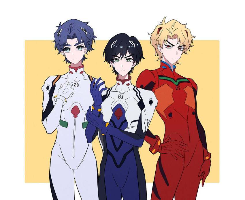 3boys adjusting_clothes aged_down ayanami_rei ayanami_rei_(cosplay) black_hair blonde_hair blue_eyes blue_hair bodysuit chuchumimipupu commentary_request cosplay dio_brando earrings frown giorno_giovanna green_eyes haruno_shiobana highres ikari_shinji ikari_shinji_(cosplay) interface_headset_(evangelion) jewelry jojo_no_kimyou_na_bouken jonathan_joestar male_focus mecha_pilot_suit multiple_boys neon_genesis_evangelion phantom_blood plugsuit_(evangelion) red_bodysuit red_eyes souryuu_asuka_langley souryuu_asuka_langley_(cosplay) stud_earrings time_paradox vento_aureo white_bodysuit