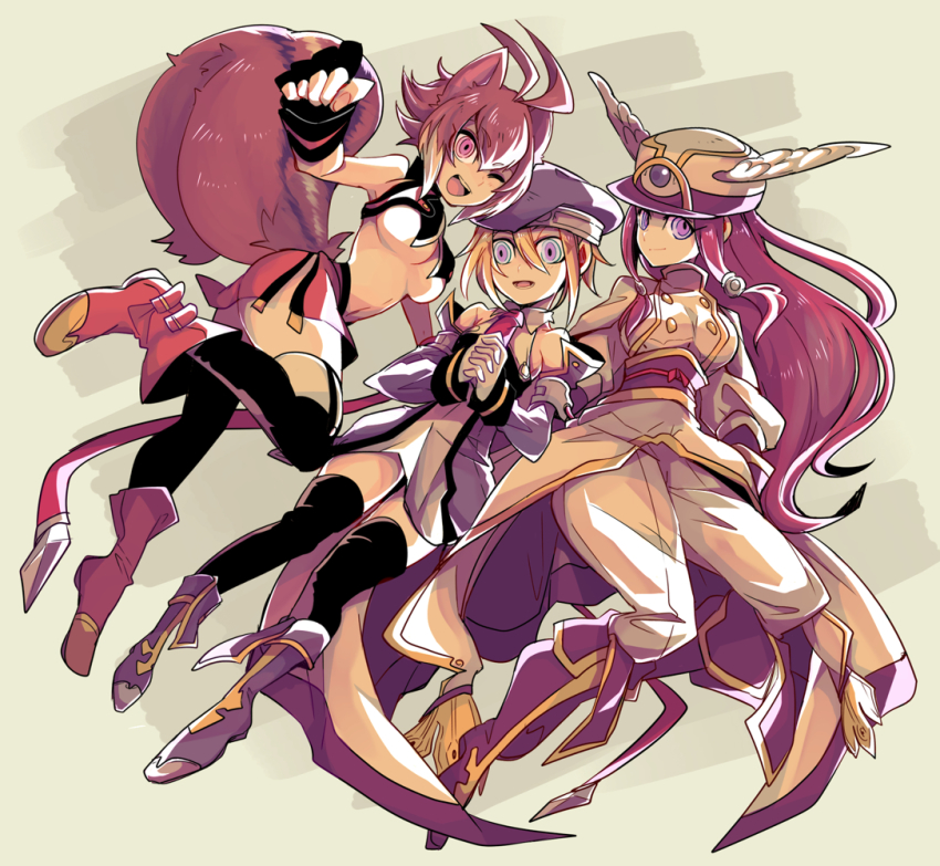 3girls :d animal_ears antenna_hair backless_outfit bare_shoulders beret black_legwear blazblue blonde_hair blue_eyes breasts brown_hair detached_sleeves fingerless_gloves gloves green_eyes hair_tubes own_hands_clasped happy hat large_breasts long_hair mako_gai makoto_nanaya military_hat multicolored_hair multiple_girls navel necktie noel_vermillion open_mouth orange_skirt own_hands_together purple_eyes red_hair revealing_clothes short_hair skirt small_breasts smile squirrel_ears squirrel_girl squirrel_tail tail thighhighs tsubaki_yayoi two-tone_hair underboob uniform