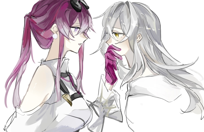 2girls bare_shoulders clothing_cutout covering_another&#039;s_mouth earrings eyewear_on_head from_side gloves grey_hair hand_over_another&#039;s_mouth highres honkai:_star_rail honkai_(series) jewelry kafka_(honkai:_star_rail) long_hair long_sleeves multiple_girls open_mouth ponytail purple_eyes red_gloves shirt shoulder_cutout stelle_(honkai:_star_rail) sunglasses trailblazer_(honkai:_star_rail) tugu_pi white_background white_shirt yellow_eyes yuri