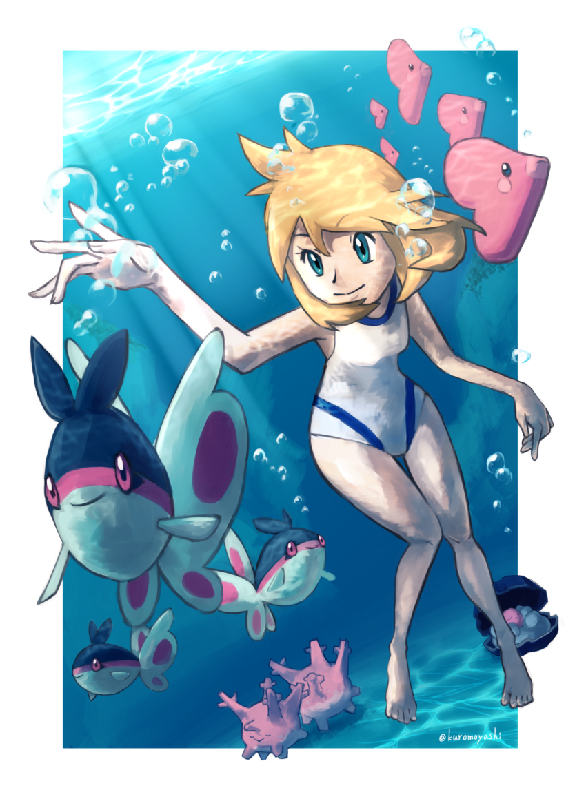 1girl air_bubble bare_arms blonde_hair border breasts bubble clamperl closed_mouth commentary_request corsola eyelashes finneon freediving gen_2_pokemon gen_3_pokemon gen_4_pokemon green_eyes highres knees kuro_moyashi looking_to_the_side luvdisc medium_hair misty_(pokemon) nintendo one-piece_swimsuit pokemon pokemon_(creature) pokemon_hgss smile swimsuit underwater white_border white_one-piece_swimsuit