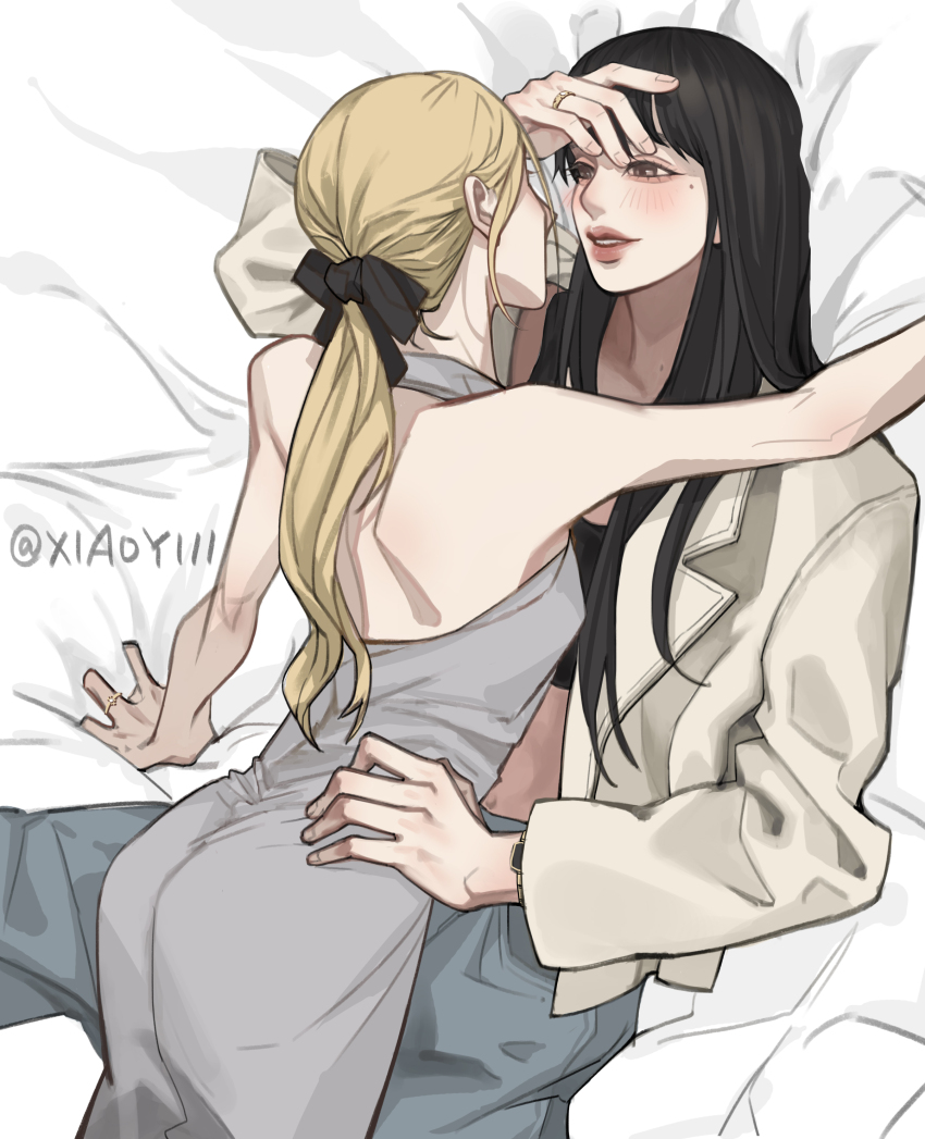 2girls absurdres black_hair blackpink blonde_hair blush commentary_request dress grey_dress hand_on_another&#039;s_waist highres jewelry k-pop lisa_(blackpink) long_hair mole mole_under_eye morethanicansa5 multiple_girls parted_lips ponytail real_life ring rose_(blackpink) teeth twitter_username upper_teeth_only yuri