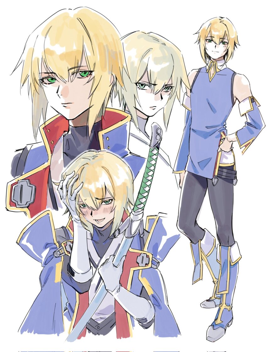 1boy :/ black_pants black_shirt blazblue blonde_hair blue_coat blue_shirt blush boots closed_mouth coat collared_coat commentary cropped_torso detached_sleeves dot_nose double-parted_bangs elbow_gloves full_body gloves green_eyes hand_on_own_head hand_on_own_hip highres kangjini0248 kisaragi_jin looking_at_viewer looking_to_the_side male_focus mandarin_collar multiple_views mystical_high_collar pants parted_lips popped_collar shirt sideways_glance simple_background sleeveless smile standing white_background white_gloves