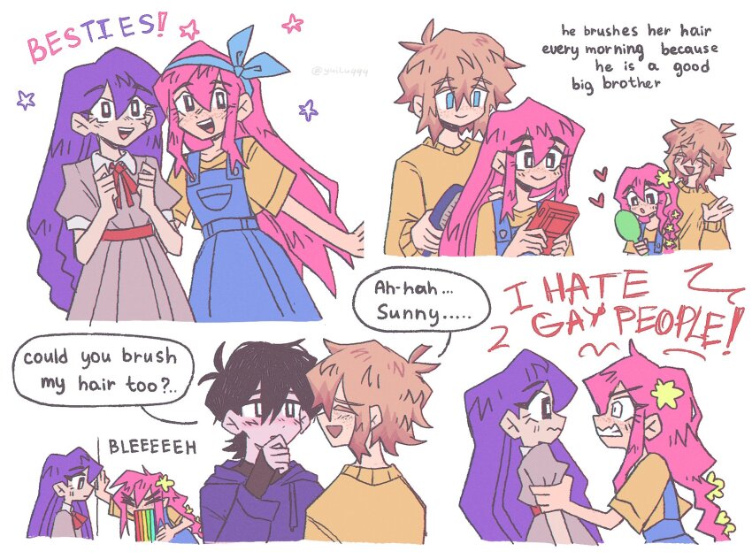 2boys 2girls alternate_universe aubrey_(faraway)_(omori) aubrey_(omori) basil_(faraway)_(omori) basil_(omori) black_eyes black_hair blonde_hair blue_eyes blue_overalls clenched_teeth closed_eyes english_text freckles game_boy game_boy_(original) hairband hand_mirror handheld_game_console heart highres holding holding_mirror long_hair mari_(faraway)_(omori) mari_(omori) mirror multiple_boys multiple_girls omori open_mouth overall_skirt overalls parted_lips pink_hair purple_hair shirt short_hair short_sleeves speech_bubble sunny_(omori) sweater teeth vomiting_rainbows yellow_shirt yellow_sweater yuilu_(yuiluqqq)