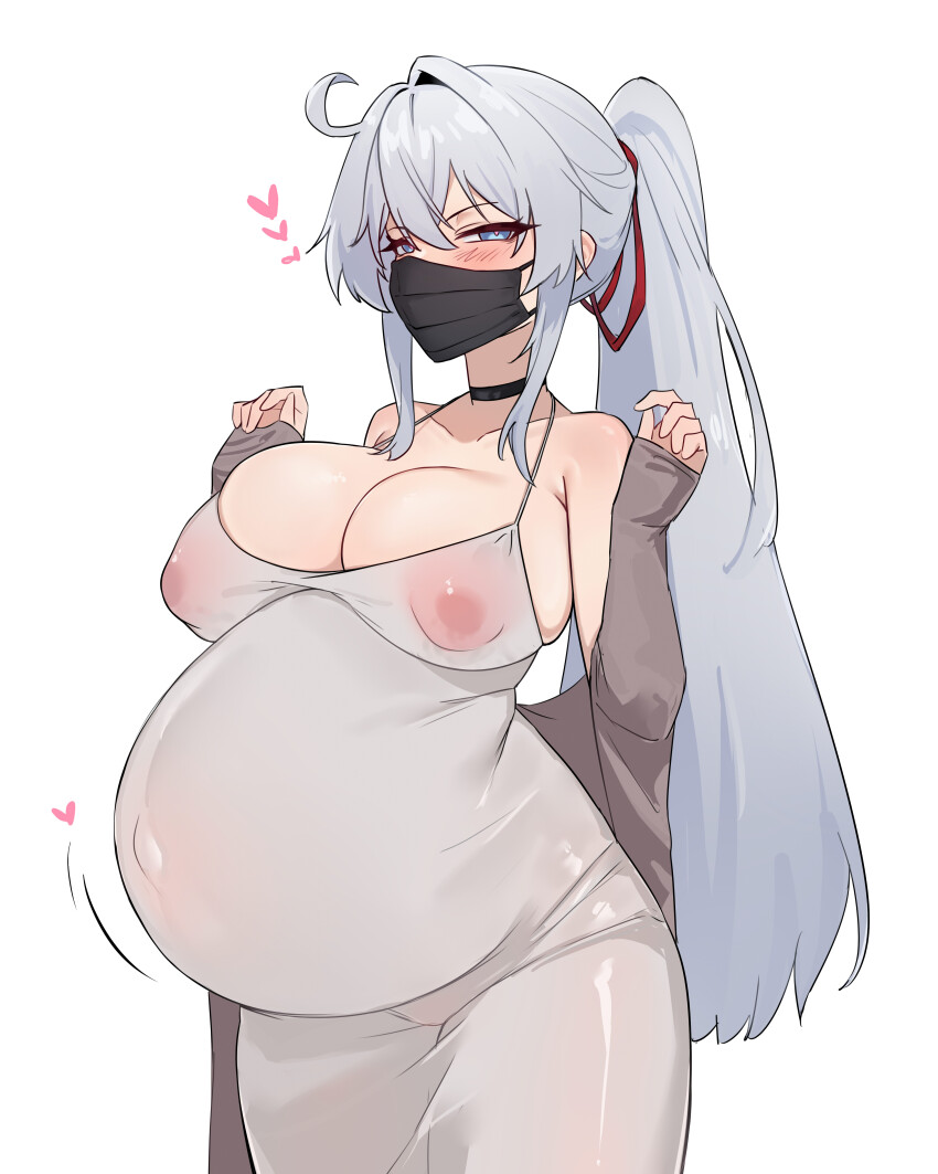 1girl absurdres ahoge black_choker blush breasts brown_jacket choker cleavage collared_shirt commission covered_erect_nipples dress half-closed_eyes heart highres honkai_(series) honkai_impact_3rd imkay_3 jacket kiana_kaslana kiana_kaslana_(ba-dum!_fiery_wishing_star) large_breasts long_hair long_sleeves looking_at_viewer mask mouth_mask pixiv_commission ponytail pregnant shirt simple_background solo spaghetti_strap very_long_hair white_background white_dress white_hair