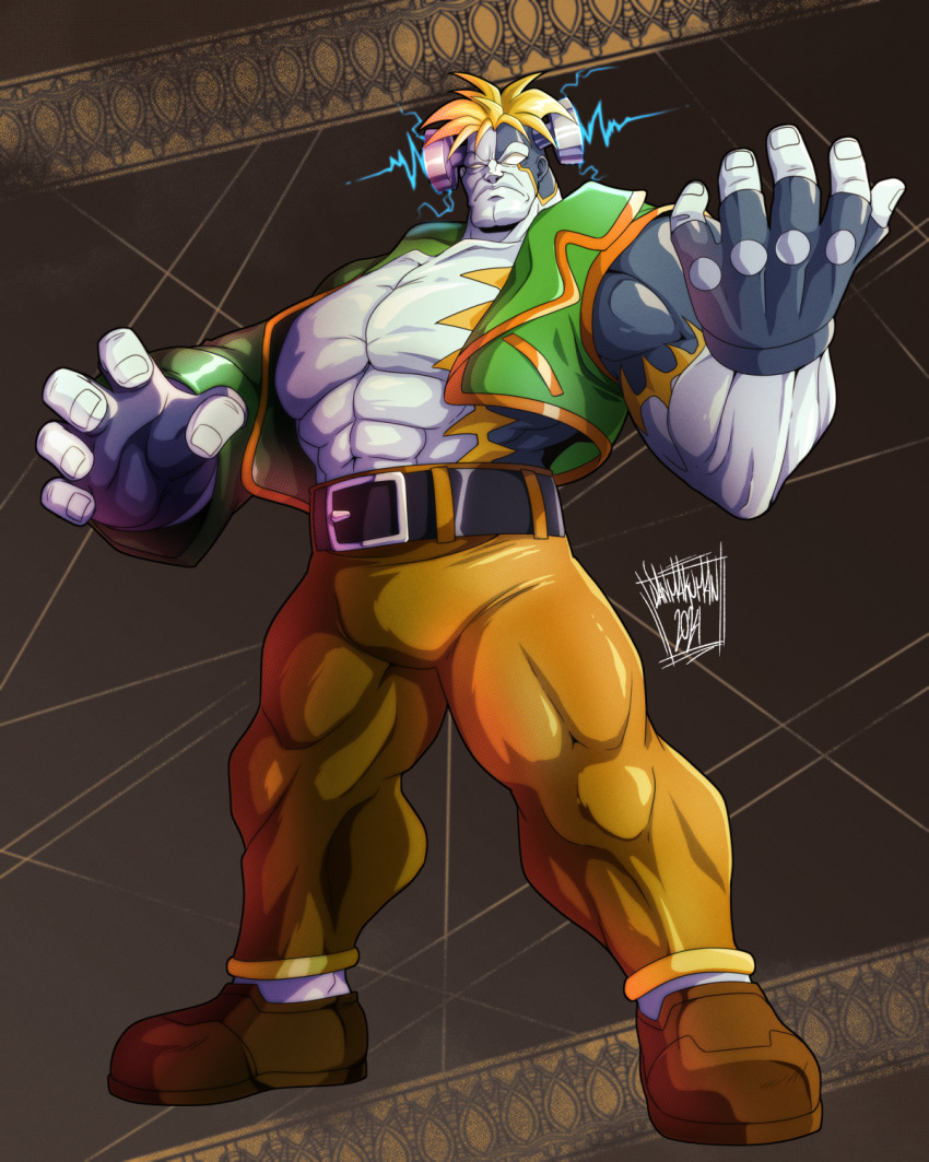 1boy abs belt blonde_hair blue_skin bolt_(hardware) closed_mouth colored_skin commentary danmakuman darkstalkers electricity fingerless_gloves full_body gloves highres male_focus monster muscular muscular_male pants shoes simple_background solo topless_male victor_von_gerdenheim zombie