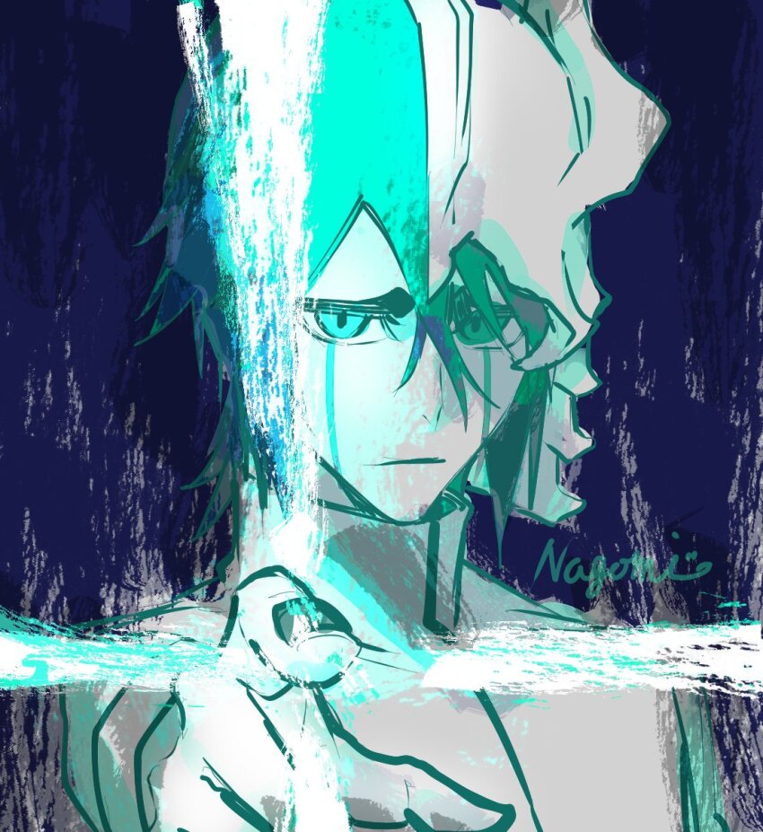 1boy arrancar artist_name aura black_hair black_nails bleach broken_helmet closed_mouth colored_skin expressionless fake_horns green_eyes hair_between_eyes helmet high_collar highres hishui_prpr horned_helmet horns incoming_attack looking_at_viewer pointing pointing_at_viewer portrait shirt ulquiorra_cifer white_shirt white_skin