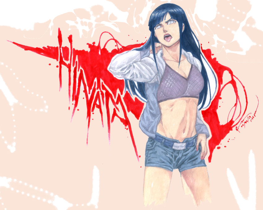 1girl black_hair breasts character_name cleavage crop_top denim denim_shorts dominic_ian_cabatit fishnet_bra fishnet_top fishnets hand_on_own_hip hand_on_own_neck hand_up highres hyuuga_hinata jacket lipstick long_hair makeup nail_polish naruto:_road_to_ninja naruto_(series) naruto_shippuuden navel no_pupils open_clothes open_jacket open_mouth red_lips red_nails short_shorts shorts solo tongue tongue_out white_eyes