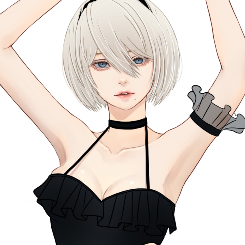 1girl 2b_(nier:automata) aegyo_sal arms_up blue_eyes breasts cleavage collarbone commentary_request hair_between_eyes highres large_breasts looking_at_viewer mitsuki_nite mole mole_under_mouth nier:automata nier_(series) pink_lips short_hair simple_background solo upper_body white_background white_hair