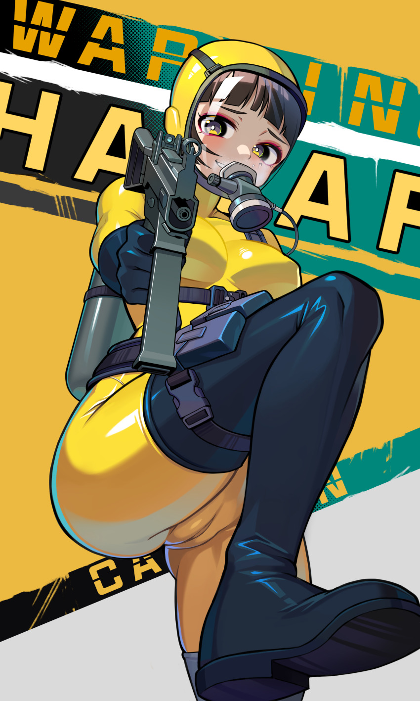 1girl absurdres aiming aiming_at_viewer black_gloves black_shoes bodysuit boots breasts brown_hair covered_pussy gas_mask gloves grin gun h&amp;k_ump harness hazmat_suit highres holding holding_gun holding_weapon latex latex_bodysuit leg_up mask medium_breasts mofashi_beibei original oxygen_mask oxygen_tank pouch shiny_skin shoes skin_tight smile solo standing standing_on_one_leg submachine_gun thigh_boots thigh_pouch weapon yellow_bodysuit yellow_eyes