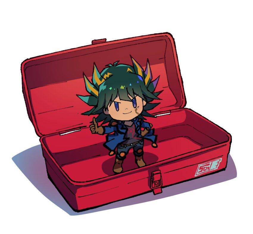 1boy black_hair black_shirt blonde_hair blue_jacket brown_gloves chibi facial_mark fudo_yusei full_body gloves highres jacket male_focus medium_hair multicolored_hair purple_eyes shirt simple_background solo spiked_hair thumbs_up two-tone_hair white_background youko-shima yu-gi-oh! yu-gi-oh!_5d&#039;s