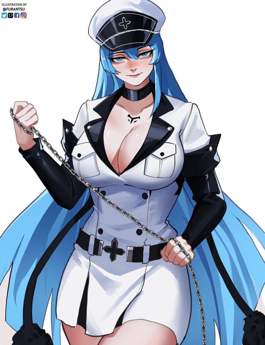 1girl absurdres akame_ga_kill! black_choker blue_eyes blue_hair breasts chain chest_tattoo choker cleavage closed_mouth cowboy_shot esdeath franzailian5 hair_between_eyes hat highres holding holding_chain jacket lapels large_breasts long_hair long_sleeves looking_at_viewer notched_lapels peaked_cap simple_background solo tattoo very_long_hair white_background white_jacket