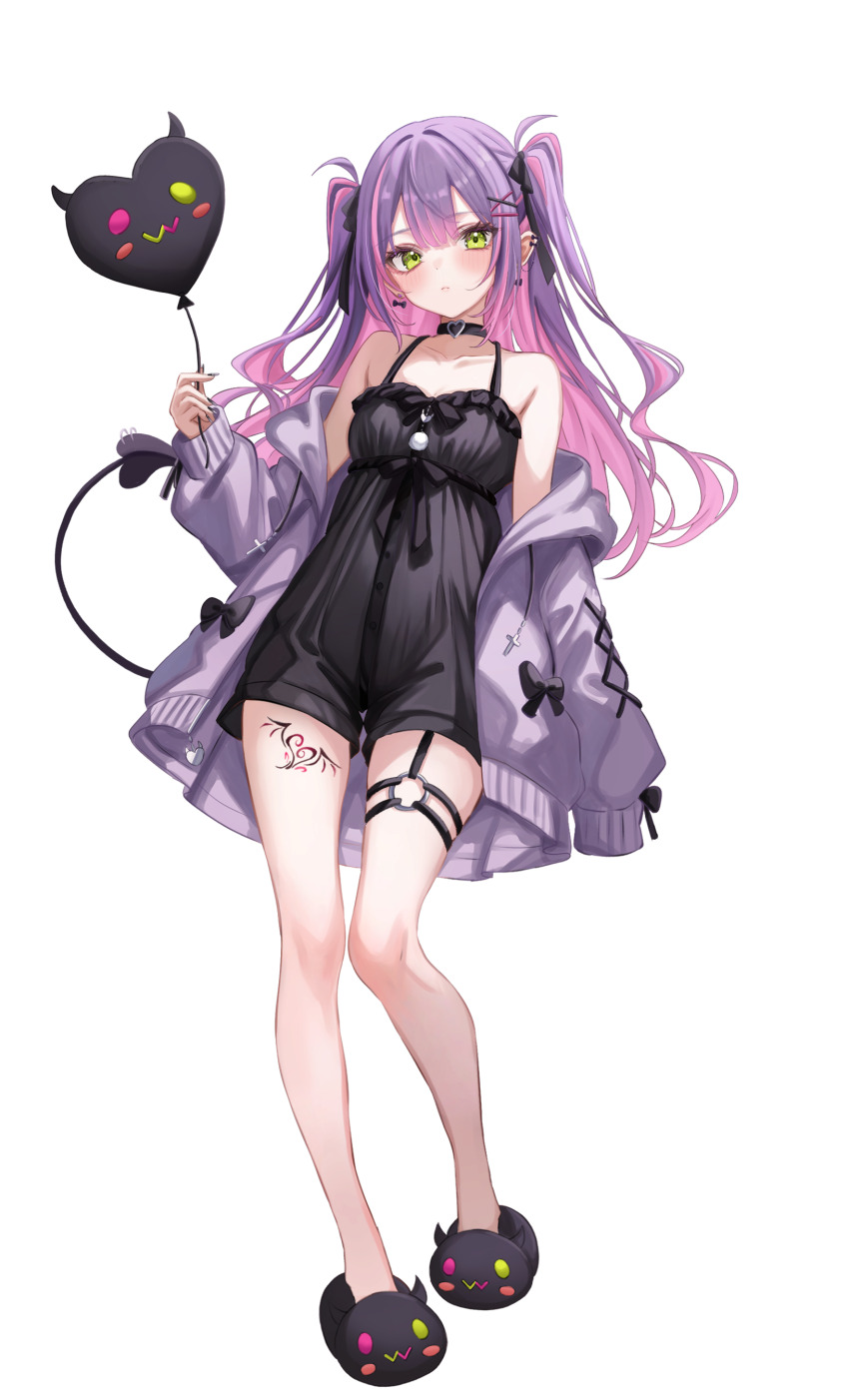 1girl absurdres alternate_costume balloon bibi_(tokoyami_towa) black_choker black_pajamas bow bow_earrings breasts cardigan center-flap_bangs character_balloon choker colored_inner_hair commentary_request demon_girl demon_tail double-parted_bangs earrings empire_waist frilled_pajamas frills full_body garter_straps green_eyes grey_cardigan hair_ornament hairclip heart_balloon highres holding holding_balloon hololive jewelry leg_tattoo long_hair looking_at_viewer multicolored_hair o-ring o-ring_thigh_strap off_shoulder pajamas pink_hair pointy_ears purple_hair sa-ya2 simple_background sleepwear small_breasts solo streaked_hair tail tattoo thigh_strap tokoyami_towa transparent_background two_side_up virtual_youtuber x_hair_ornament