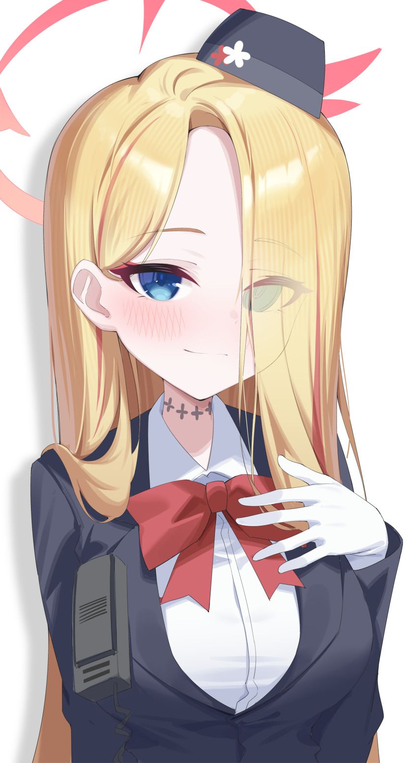 1girl absurdres black_hat black_jacket blonde_hair blue_archive blue_eyes closed_mouth collared_shirt eyes_visible_through_hair gloves hair_over_one_eye halo hat highres jacket jei_(user_tckk7448) long_sleeves looking_at_viewer pina_(blue_archive) pina_(guide)_(blue_archive) red_halo shadow shirt simple_background solo upper_body walkie-talkie white_background white_gloves white_shirt