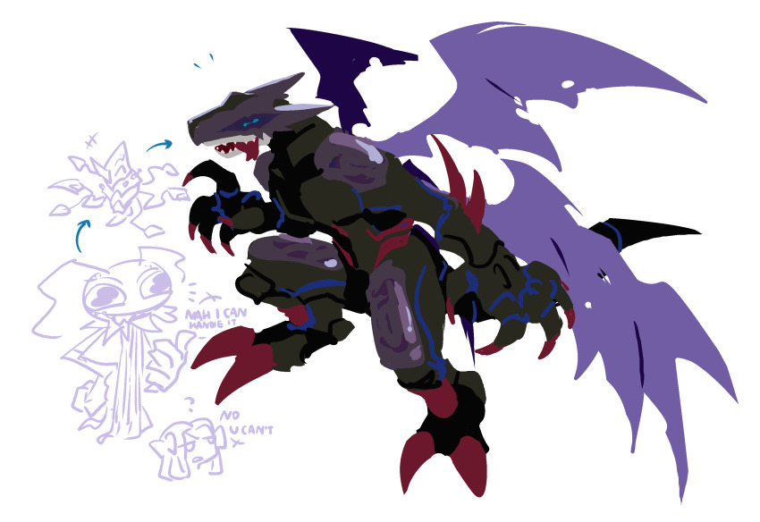 adapted_costume alternate_costume armor arrow_(symbol) bakamaokun bat_wings black_bodysuit blue_eyes bodysuit chrysalimon claws creature creature_focus cyberdramon demon_wings digimon digimon_(creature) doodle_inset dragon evolutionary_line highres horns keramon mask multiple_wings open_mouth purple_wings red_nails sharp_teeth shoulder_pads snout tail teeth thigh_armor tongue tongue_out torn_wings wings
