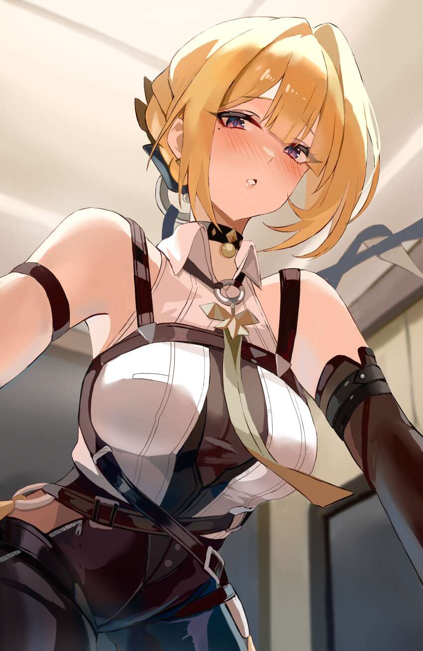 1girl absurdres bare_shoulders black_choker black_gloves black_pants blonde_hair blush breasts choker collared_shirt commentary elbow_gloves embarrassed evelyn_chevalier from_below gloves high-waist_pants highres indoors large_breasts looking_at_viewer mole mole_under_eye necktie no_jacket pants parted_lips purple_eyes ring_hair_ornament shirt short_hair single_elbow_glove sleeveless sleeveless_shirt solo tight_clothes tight_pants white_shirt yato_(yama0x1) yellow_necktie zenless_zone_zero