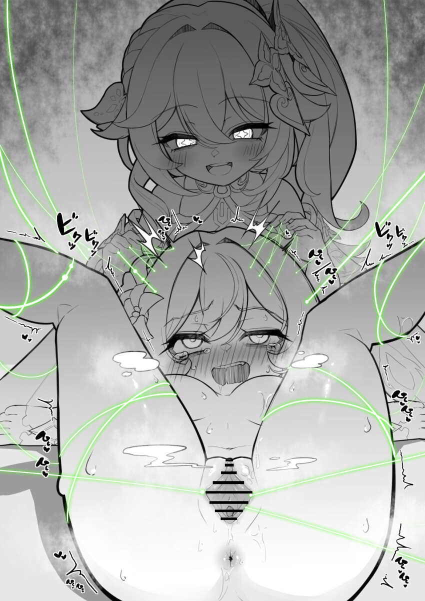 2girls anus bar_censor bdsm blush bondage bound censored genshin_impact hair_ornament highres leaf_hair_ornament lucifina_006 lumine_(genshin_impact) magic mind_control monochrome multiple_girls nahida_(genshin_impact) pussy yuri