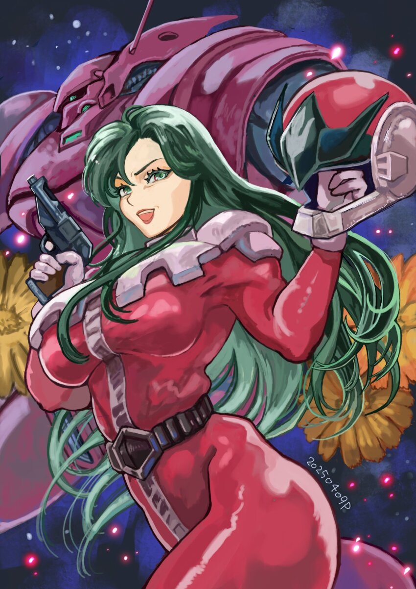 1girl belt breasts cima_garahau commentary dated gerbera_tetra green_eyes green_hair gun gundam gundam_0083 handgun helmet highres holding holding_gun holding_weapon long_hair looking_at_viewer mecha mecha_pilot_suit medium_breasts mobile_suit normal_suit_(gundam) okrdisk2000 open_mouth robot science_fiction space star_(sky) teeth unworn_headwear unworn_helmet upper_teeth_only weapon